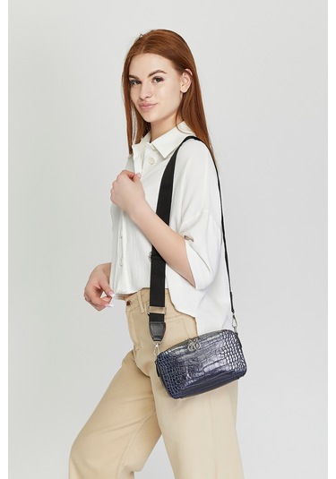 Morpelikan Mavi Kroko İki Bölmeli Kadın Omuz Çantası Mavi