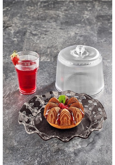 Akrilik Barok Füme Renk Kek Fanus & Kek Saklama Kabı & Şık Sunum Organizeri 26 Cm Füme