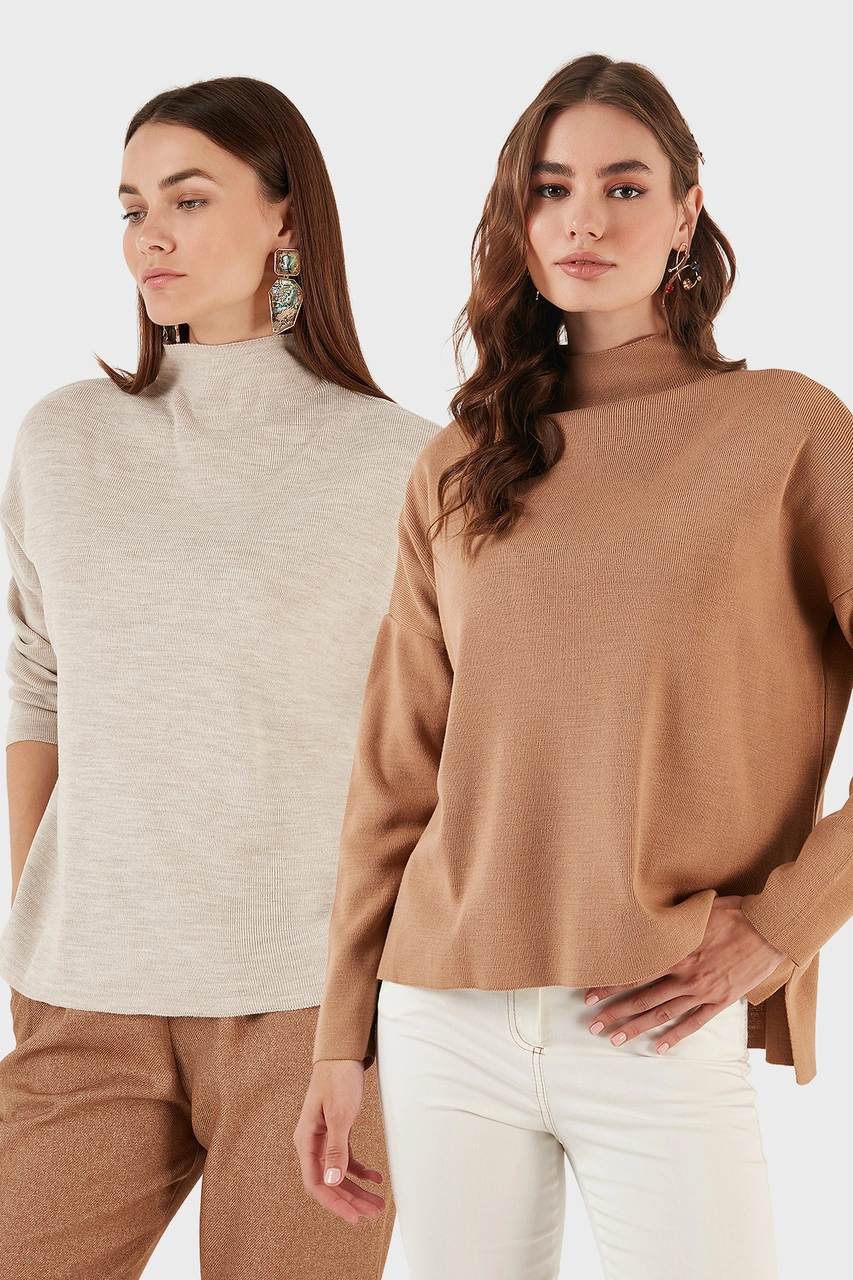 Lela Pamuklu Arkası Uzun Dik Yaka 2'Li Paket Triko Bayan Kazak 4615002S2 Bej-Camel