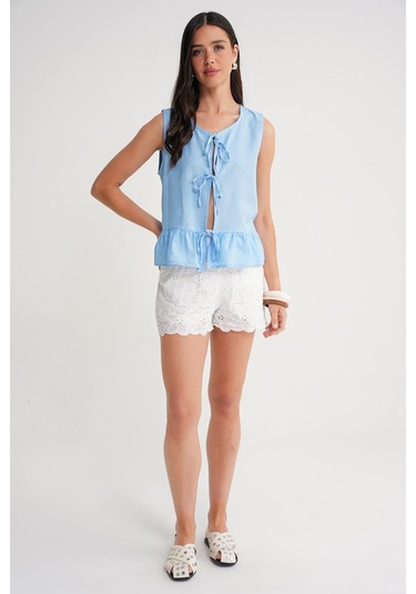 4717 Kadın Önü Bağcıklı Fırfırlı Kolsuz Keten Bluz Mavi Mavi