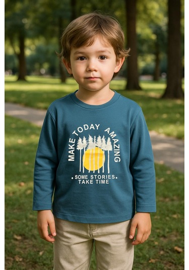 Erkek Çocuk %100 Pamuk Baskılı Uzun Kollu Tişört - İndigo 3-4 Yaş 8-9 Yaş İndigo