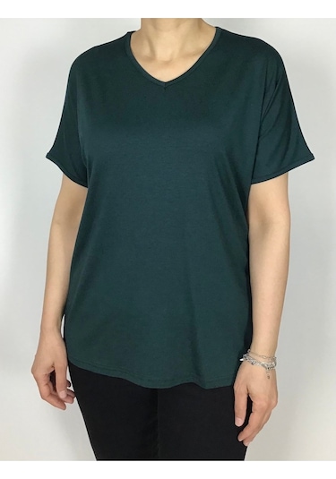 Kısa Kol V Yaka Likralı Düz Penye Bluz Zümrüt