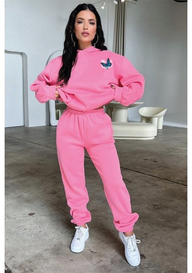 Kelebek Kışlık Eşofman Takımı - Pembe Baskılı Kapüşonlu Oversize Pembe
