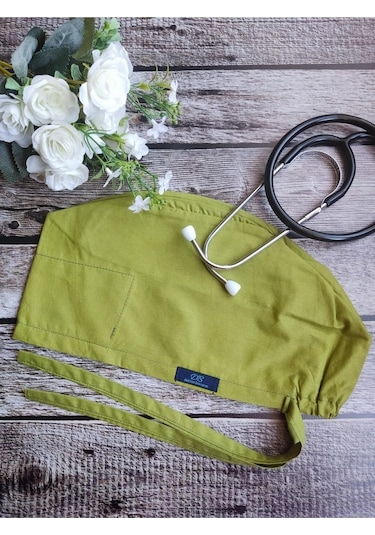 Tesettür Yağ Yeşili Tek Renk Cerrahi Bone Doktor Hemşire Sağlıkçı Bonesi Geniş Kesim