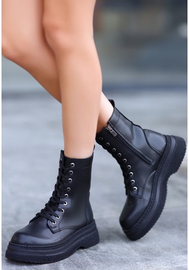 Rxn Siyah Cilt Bağcıklı Suni Deri Yandan Fermuarlı İçi Pedli Bot Siyah