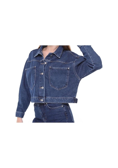 7007-dgml Kadın Düğmeli Jeans Denim Kot Ceket Mavi