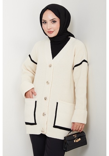 İlge Düğmeli Triko Hırka 1597 - Ekru Ekru