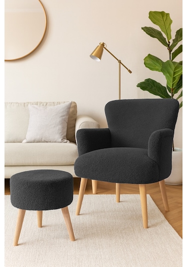 Roma Berjer + Puf Set - Welsoft Yumuşak Kumaş - Ahşap Ayak - Antrasit Antrasit