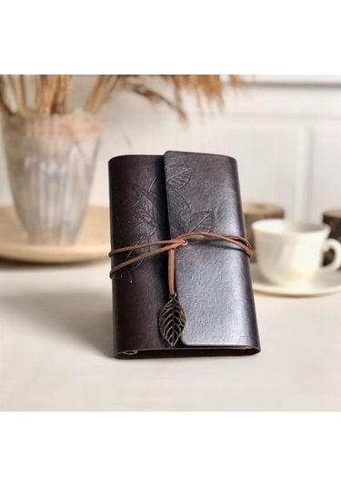 Mimarobahediyelik Mobgift Yaprak Tasarımlı Retro Deri Defter + Kalem Hediyeli