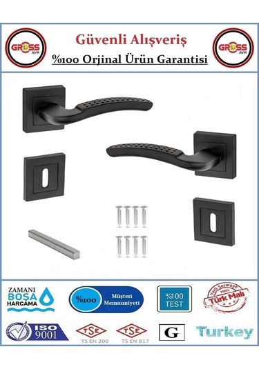 Noktalı Rozetli Oda Kapı Kolu - Mat Siyah - 1 Takım Ön Ve Arka