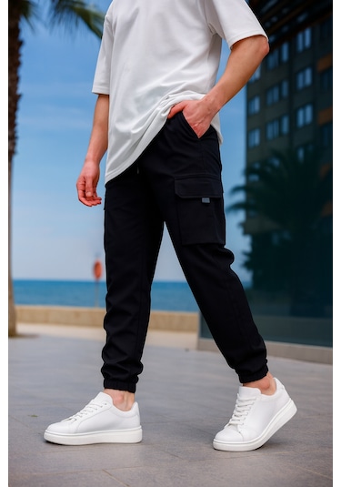 Kargo Cepli Paraşüt Kumaş Siyah Renk Erkek Pantolon-1817 Siyah