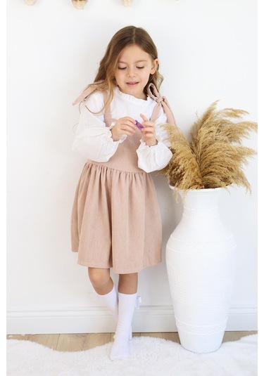 Fitilli Kadife Elbise İkili Takım Bej