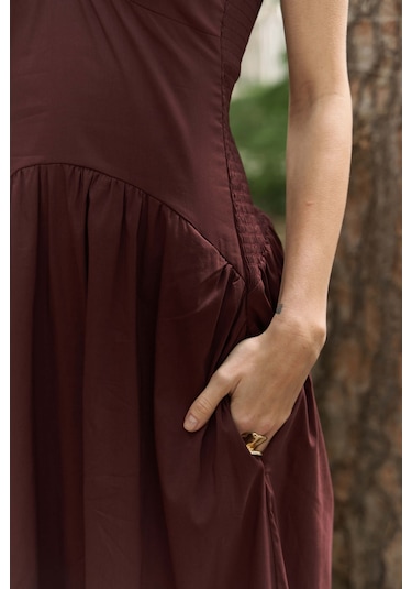 Elisa Gül Detay Bordo Uzun Elbise Bordo