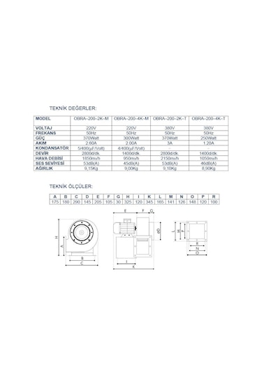 Ayas Obr-200 Tek Emişli Radyal Salyangoz Fan 2800 D/D 220 Volt Mo