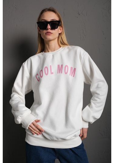 Modagen Kadın Beyaz Cool Mom Baskılı Bisiklet Yaka Oversize Sweatshirt Beyaz