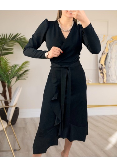 Krep Kumaş Midi Boy Kuşaklı Uzunkol Elbise 113 Cm Bediva 001