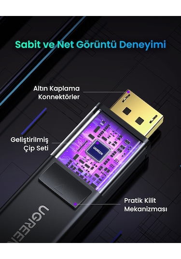 Ugreen 4k Displayport To Hdmı Dönüştürücü Kablo 1 Metre, Siyah, 10238