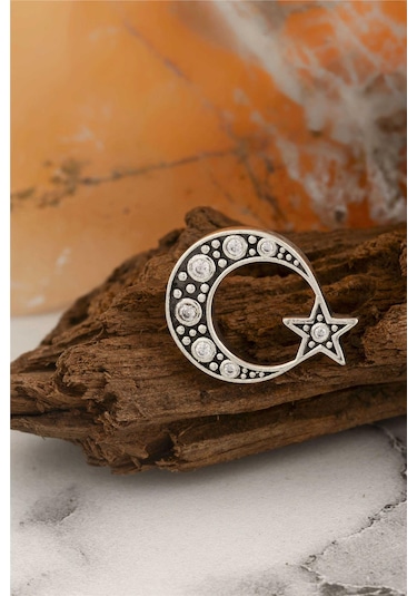 925 Ayar Gümüş Zirkon Taşlı Ayyıldız Rozet