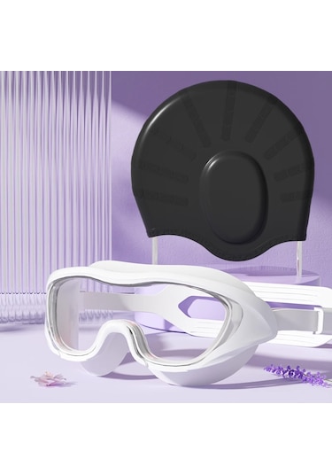 Globalpurchase Yüzme Şapkası Su Geçirmez Kulak Koruyucu Saç Büyütülmüş Yetişkin Uzun Saç Silikon Yüzme Şapkası - Set Siyah Siyah