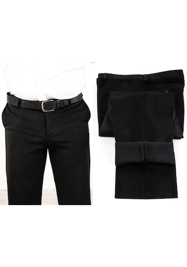 Neowit Erkek İçi Polarlı Yan Cep Klasik Kesim Kadife Pantolon Siyah