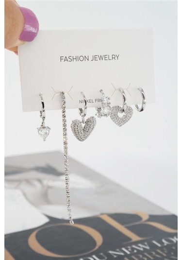 Kadın Vip Seri Helix Kalp Ve Su Yolu Zirkon Taşlı 6'lı Küpe Seti Çok Renkli