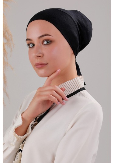 Tesettür Geçmeli Bağcıklı Viskon Likralı Dikişsiz Bone Siyah Siyah
