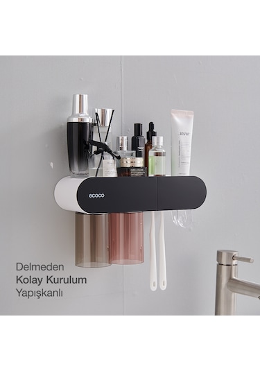 Ecoco 2'li Bardak Tutuculu Diş Macunu Sıkacağı Banyo Düzenleyici Beyaz