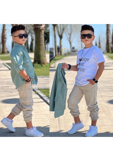 Modavals Cep Ve Kol Detaylı Düğmeli Ceket Baskılı Tişört Ve Kargo Pantolon 3 Parça Erkek Çocuk Takım-589274601 Yeşil Modavals Cep Ve Kol Detaylı Düğmeli Ceket Baskılı Tişört Ve Kargo Pantolon 3 Parça Erkek Çocuk Takım-589274601 Yeşil