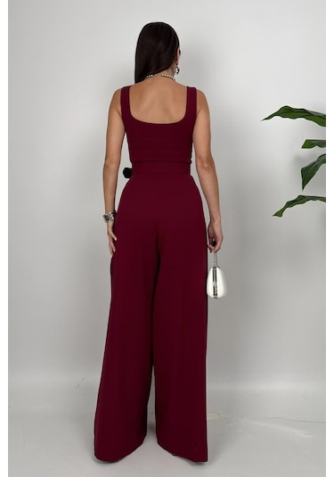 Noir Flow Kadın Bordo Kemerli Askılı Bol Paça Tulum Zarif Şıklık Bordo