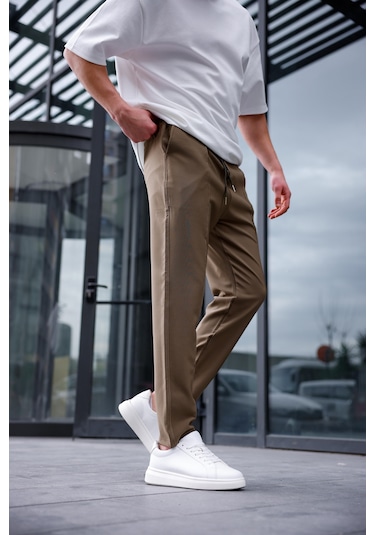 Erkek Haki Renk Esnek Likralı Fermuar Detaylı Jogger Pantolon-1749 Haki