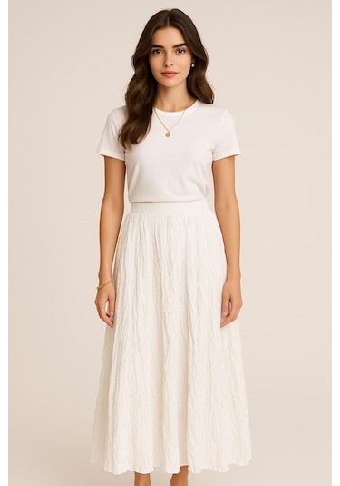 Ekru Mizalle Kırışık Görünümlü Saf Pamuk Beyaz Maksi Etek Beyaz