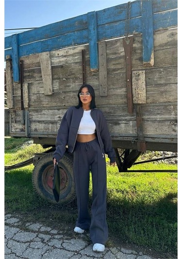 Neşeli Butik Kadın Antrasit Fermuarlı Kışlık Eşofman Takımı Nbg026 Antrasit