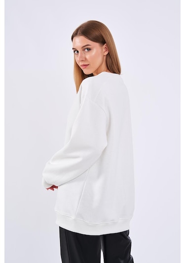 Comeor Ekru Kadın Pamuklu Oversize Basic Bisiklet Yaka Sweatshirt 001