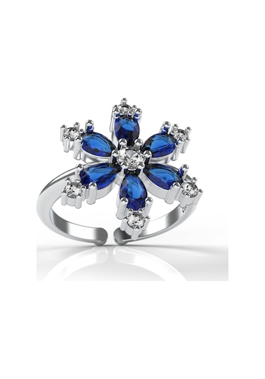 925 Ayar Safir Taşlı Rodyum Lotus Çiçeği Ayarlanabilir Gümüş Yüzük Rr10026 Gümüş