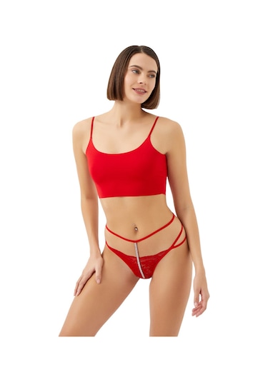 Kırmızı Dantelli Taş Detaylı Ayarlanabilir Lastikli Kadın Tanga Külot