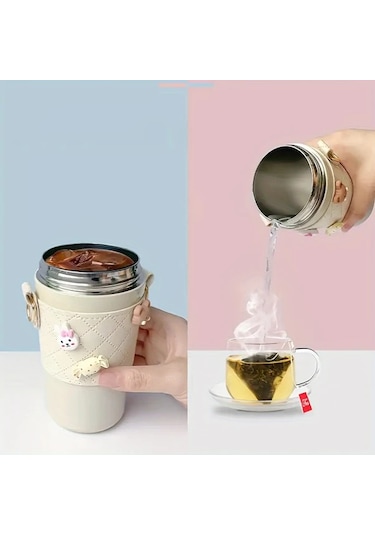 Oldfriend Yalıtımlı 480ml Paslanmaz Çelik Termal Bardak Taşınabilir Pipet Kayışı 4 Adet 3d Çıkartma Beyaz Beyaz Rastgele Verilen 4 Adet 3d Çıkartma