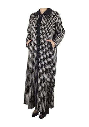 Kadın Desenli Önü Düğmeli Cepli Çelik Örgü Pardesü Siyah