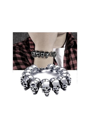 Novahub Gotik Kafatası Vintage Erkek Bileklik - Siyah Punk Paslanmaz Çelik Bilezik - Gümüş Renk Gümüş
