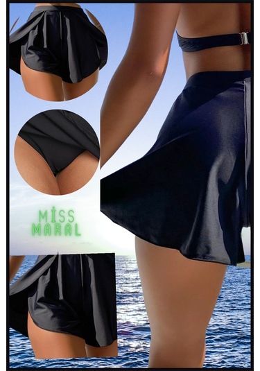 Kadın Beyaz Deniz Havuz Şortu Etek Görünümlü Yırtmaçlı Şık Model İçte Bikini Slip 1108 Siyah