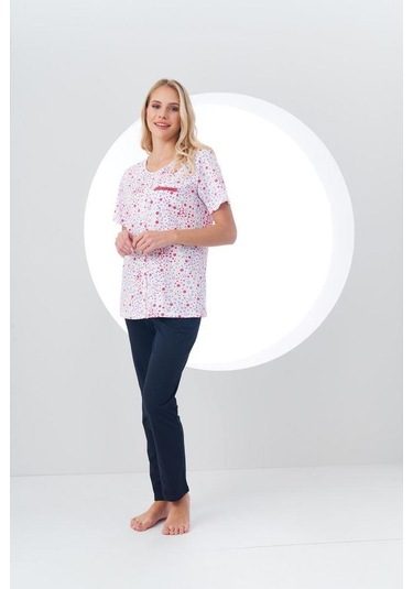 Pjs Kadın Desenli Önden Düğmeli Kısa Kollu Pijama Takım Beyaz