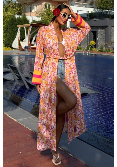 Kadın Multi Desenli Kruvaze Keten Kimono Çok Renkli