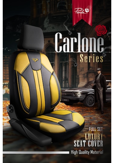 Siyah - Sarı Panda Carlone Serisi Ful Deri Oto Koltuk Kılıfı - Tam Set