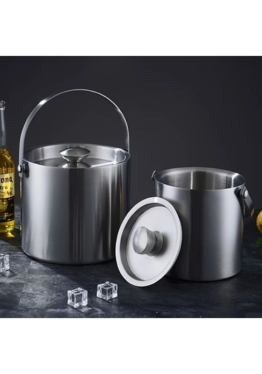 Cordial 1 Adet 3l 304 Paslanmaz Çelik Buz Kovası Kalınlaştırılmış Taşınabilir Kapaklı Çift Katmanlı Yalıtımlı Ev Bar Restoran Kullanımı Ahşap