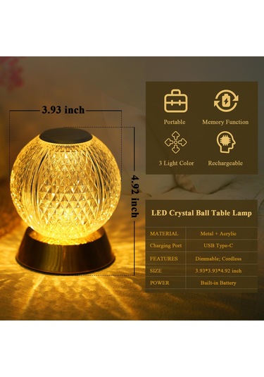 Neoglint Kristal Metal Başucu Lambası Akülü Masa Lambası Dokunmatik Kontrol Masa Lambası 3 Açık Renk