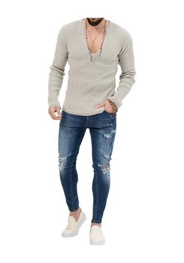 Erkek Örgü Kazak Derin V Yaka Nervürlü Uzun Kollu Düz Renk Slim Fit Yumuşak Sıcak Sonbahar Kış Rahat Erkek Kazak Üst Kazak Triko Kayısı Açık Bej