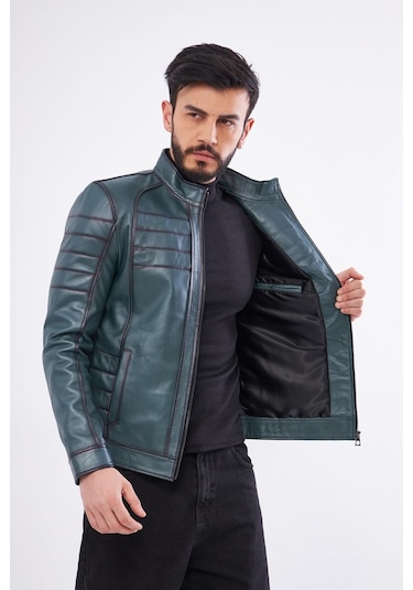 Derinss Der224 Hakiki Deri Erkek Yeşil Mont 001