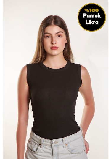 Kadın Siyah Fitilli Likralı Sıfır Kol Bisiklet Yaka Örme Atlet Tshirt Bluz Siyah