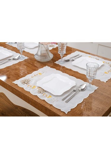 Finezza Linda Nakışlı Keten Efekt Kumaş Krem Sarı A.Servis 33,5x45 cm 4 Ad -1398 Krem