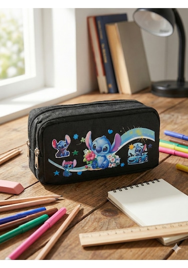 Stitch Baskılı Çift Bölmeli Siyah Okul Kalemliği Siyah