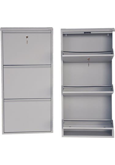 Kilitli 3'lü Metal Ayakkabılık - Gri